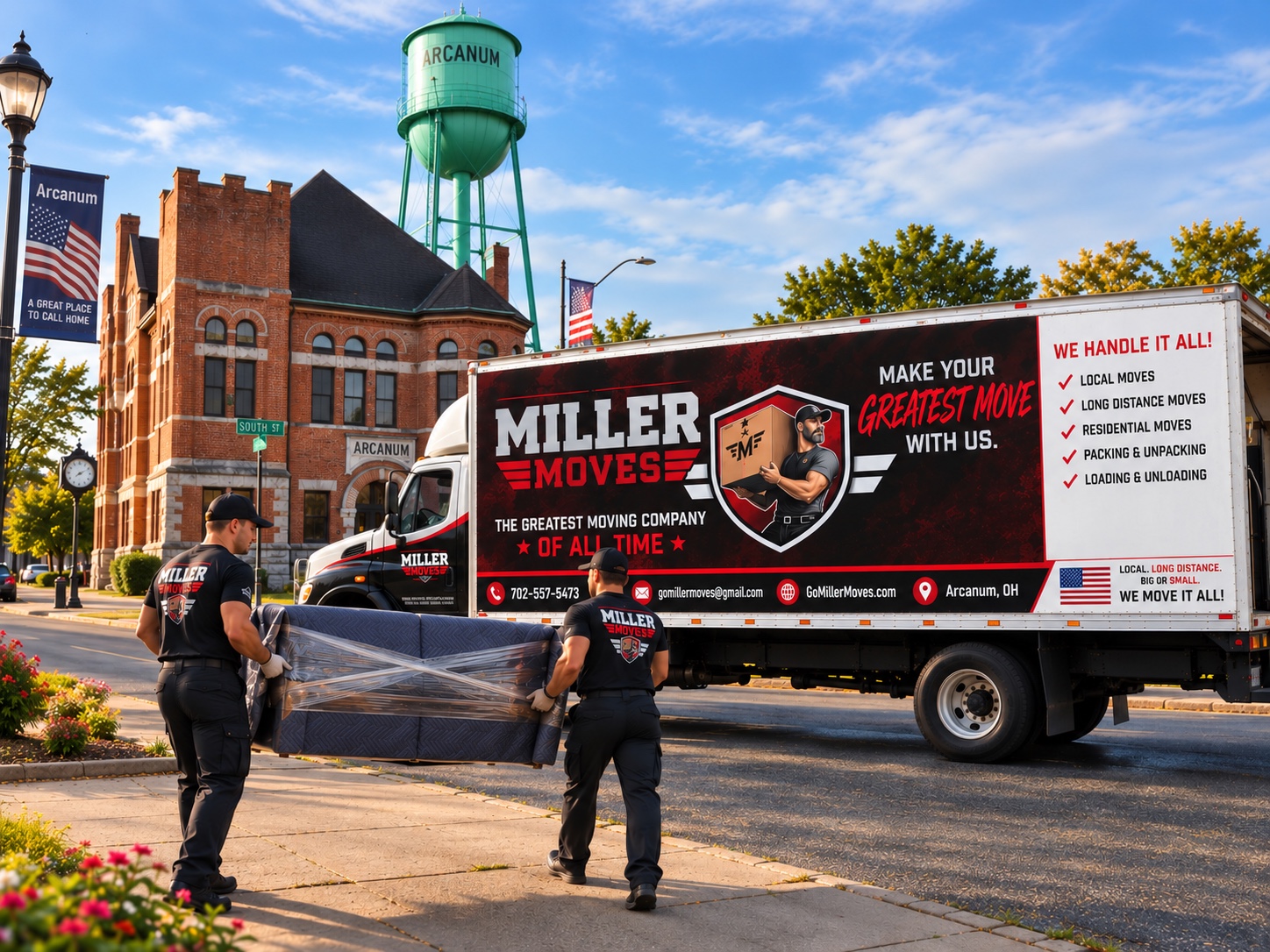 Two Miller Moves professionals carrying a protected sofa beside a branded moving truck in downtown Arcanum
